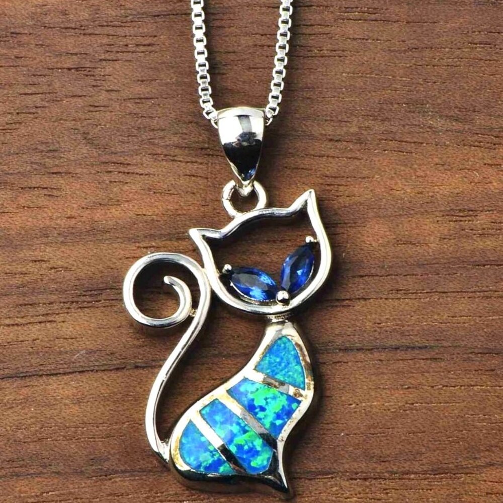 Hawaii Blue Fire Opal Sterling Silver Kitten Necklace - Picture 3 of 3